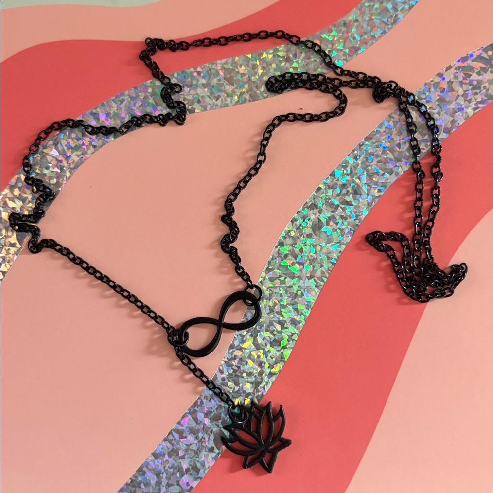 Black Infinity and Lotus Pendant Necklace